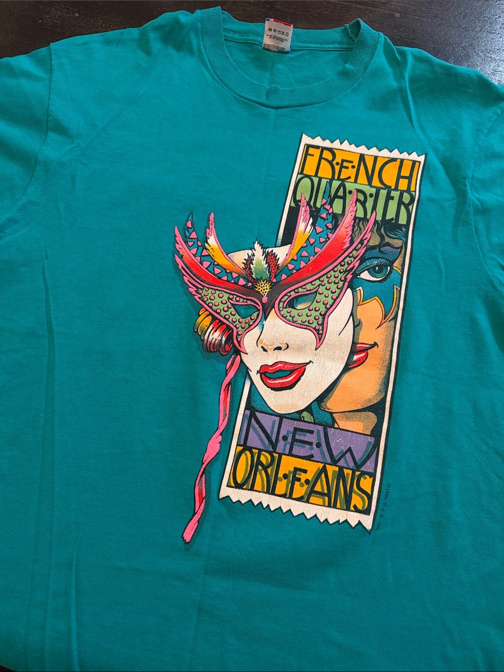 New Orleans French Quarter Mask Graphic Tee - Teal, 1990 , vintage,